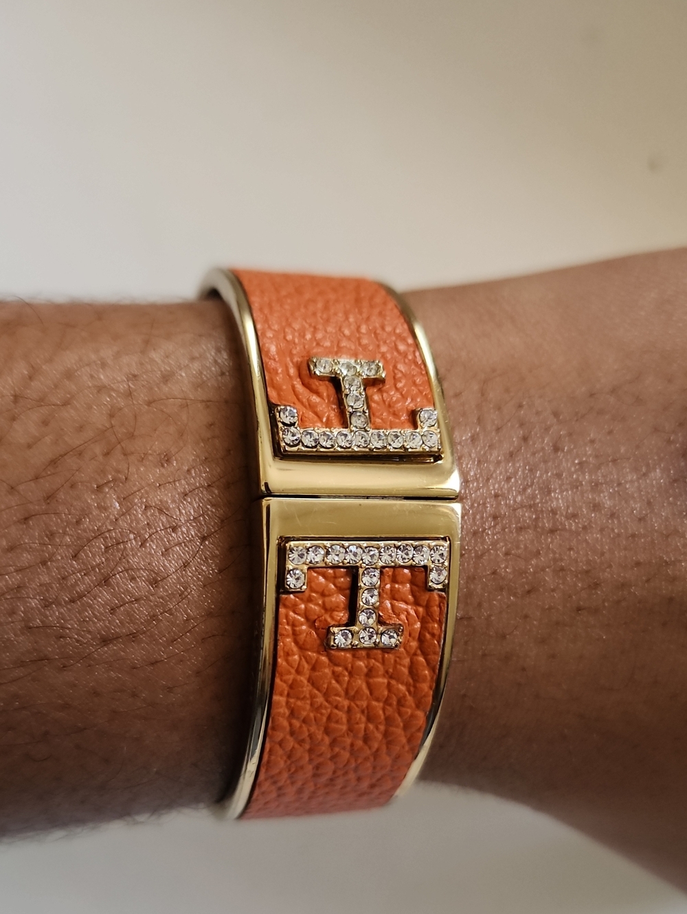 Orange Leather Crystal Hinged Cuff Bracelet Gold Tone